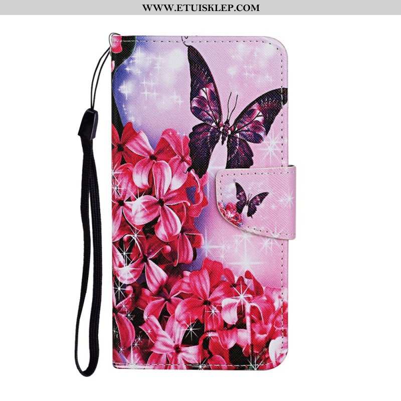 Etui Folio do Samsung Galaxy S22 Ultra 5G Smycz W Kwiaty Motyle